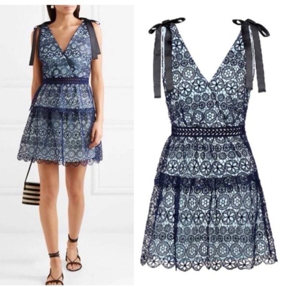 Self Portrait Navy Blue Guipure Lace Bow Detail Tiered Mini Dress